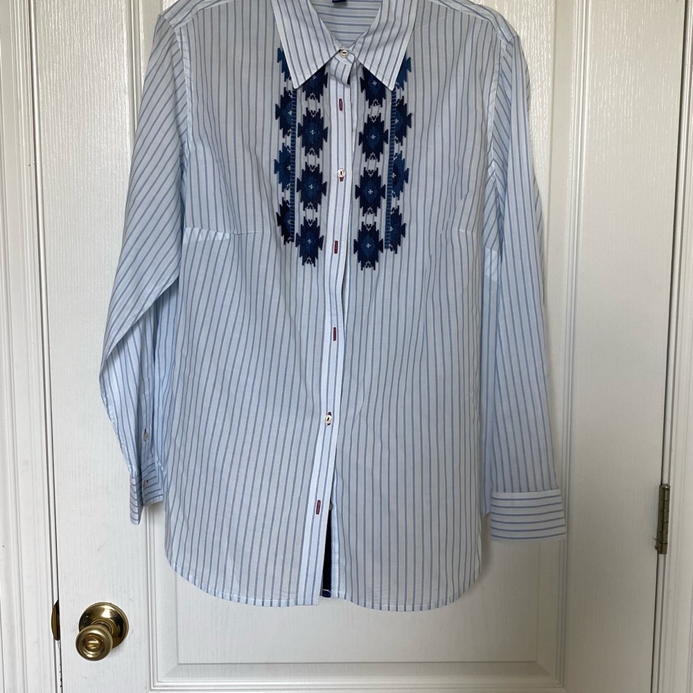 Chaps Blue and White Striped Button Down Shirt
